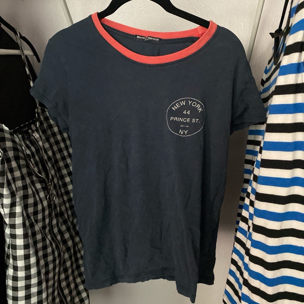 Rare Brandy Melville Navy Tee with light Red Collar